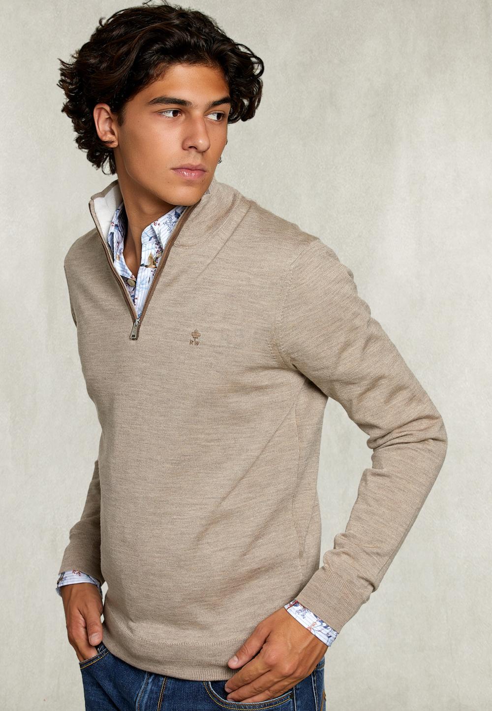 Custom Fit Merino V-Neck Pullover Dune Mix - Beige