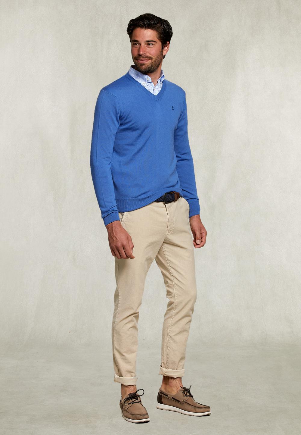 Basic Merino V-Neck Pullover Blue Bird - Blauw