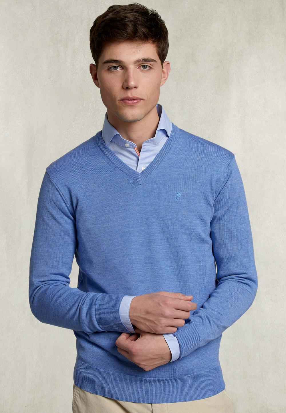 Basic Merino V-Neck Pullover Light Glory Mix - Bleu