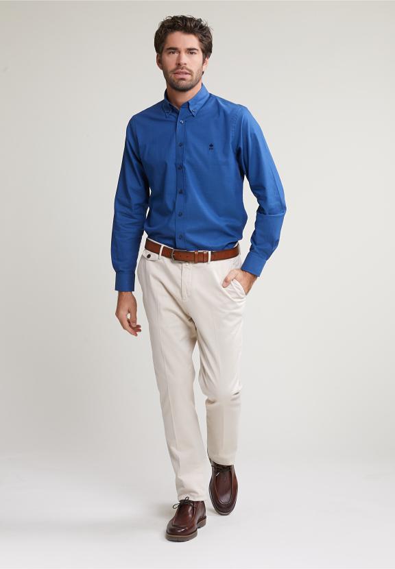 Regular Fit Uni Cotton Shirt Bleu - Blauw