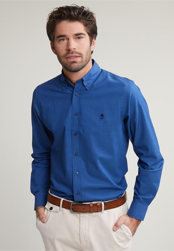Regular Fit Uni Cotton Shirt Bleu - Blauw