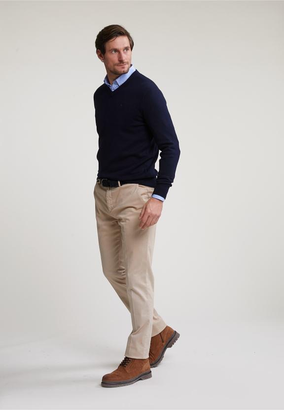 Normal Fit Basic Cotton V-Neck Sweater Navy - Blauw