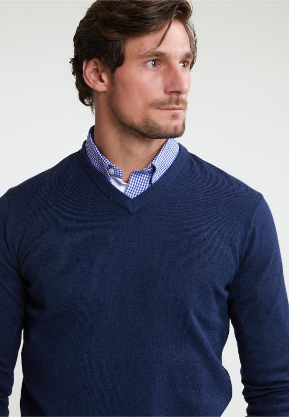 Normal Fit Basic Cotton V-Neck Sweater Oriental Blue Mix - Blauw