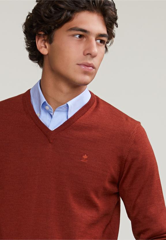 Custom Fit Basic Merino V-Neck Sweater Negroni Mix - Orange