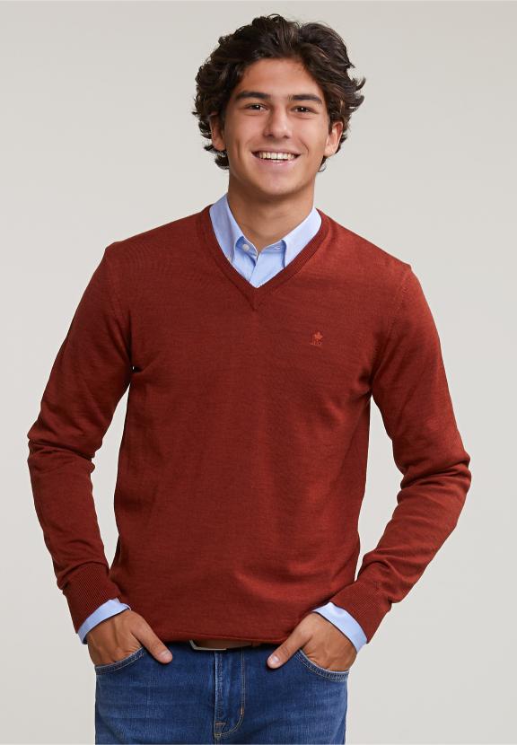 Custom Fit Basic Merino V-Neck Sweater Negroni Mix - Orange