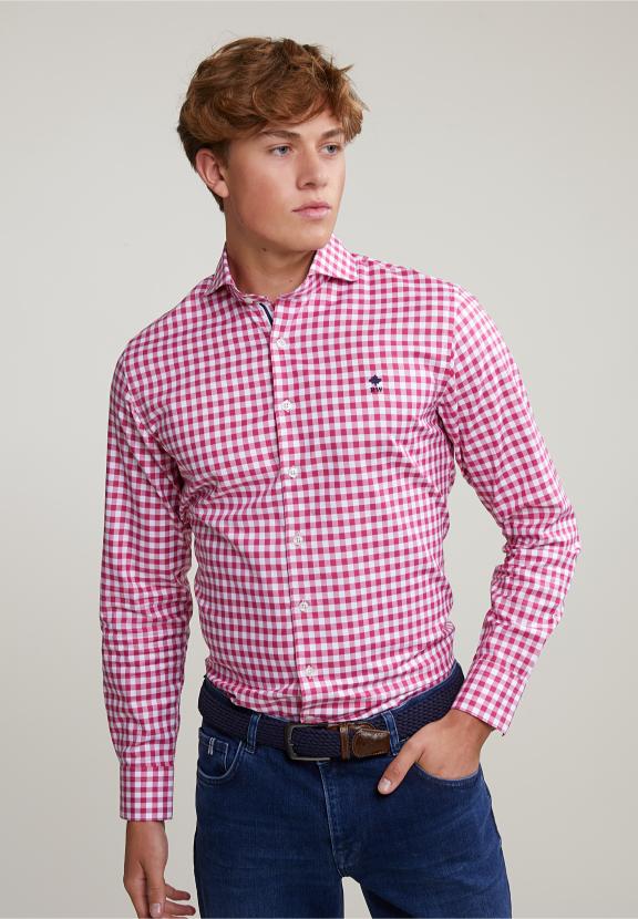 Custom Fit Checked Shirt In White/Red - Bleu