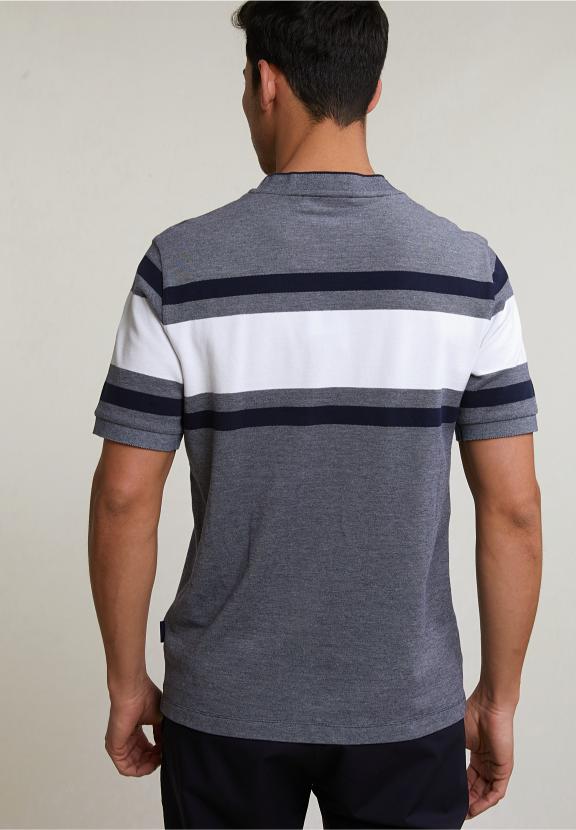Custom Fit Sporty Striped T-Shirt Navy - Bleu