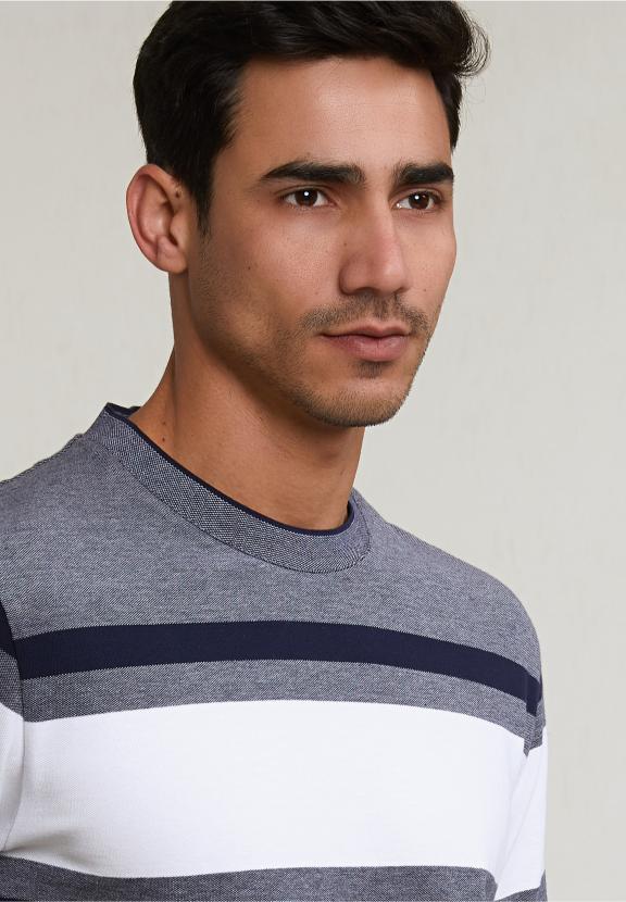 Custom Fit Sporty Striped T-Shirt Navy - Bleu