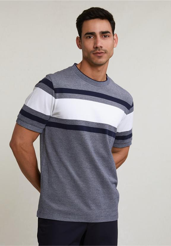 Custom Fit Sporty Striped T-Shirt Navy - Blauw