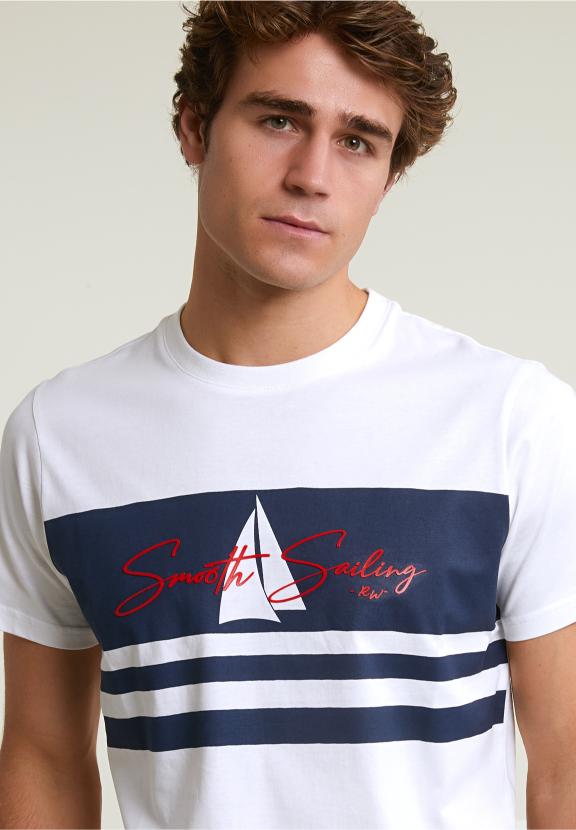 Custom Fit Fantasy T-Shirt Short Sleeves Off White/Navy - Wit
