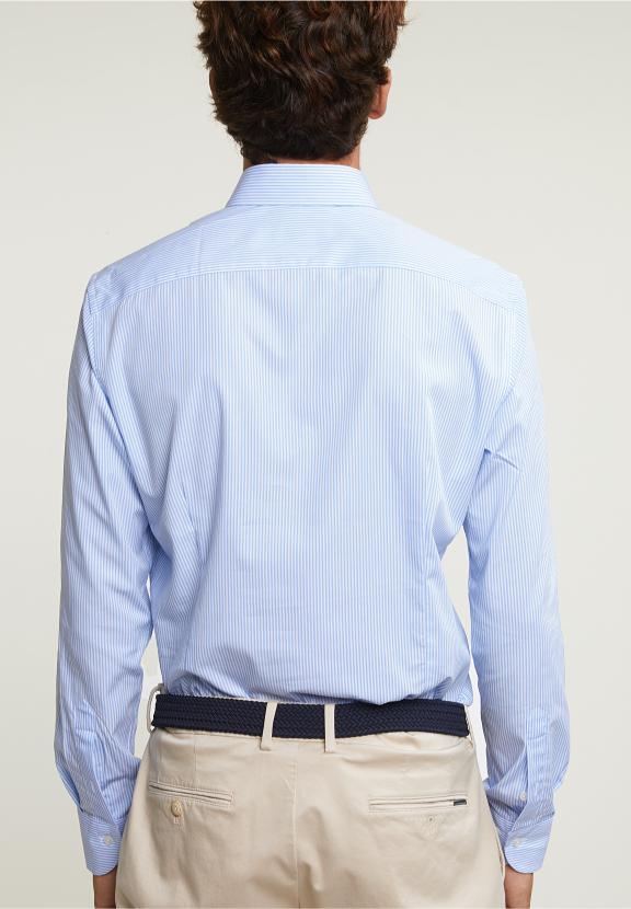 Slim Fit Striped Cotton Shirt Blue - Blauw