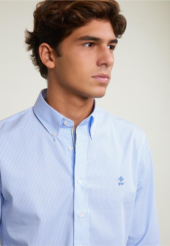Slim Fit Striped Cotton Shirt Blue - Blauw