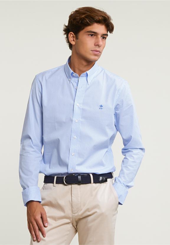 Slim Fit Striped Cotton Shirt Blue - Blauw