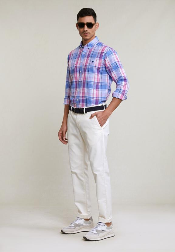 Custom Fit Cotton-Linen Checked Shirt Blue/Pink - Rose