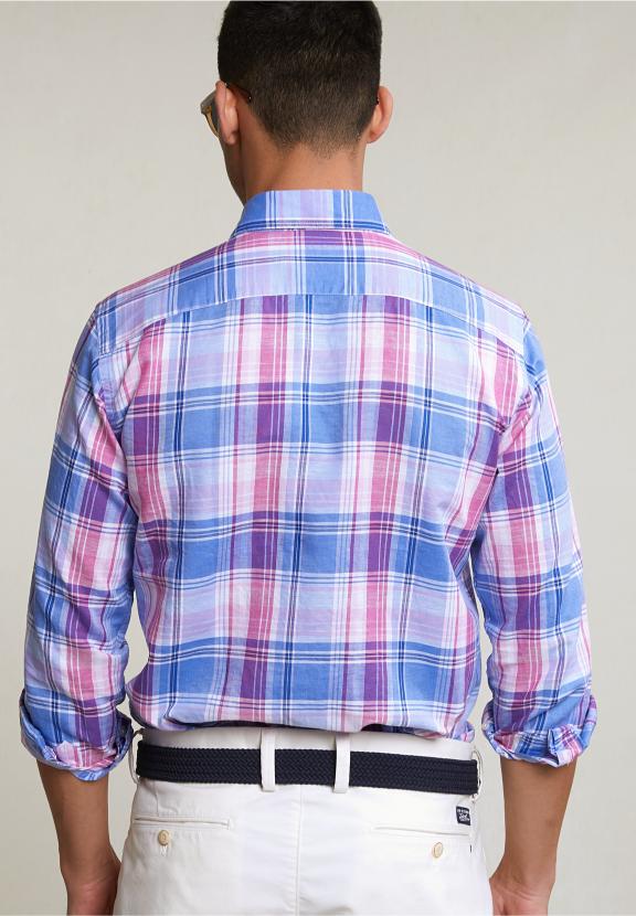 Custom Fit Cotton-Linen Checked Shirt Blue/Pink - Roze
