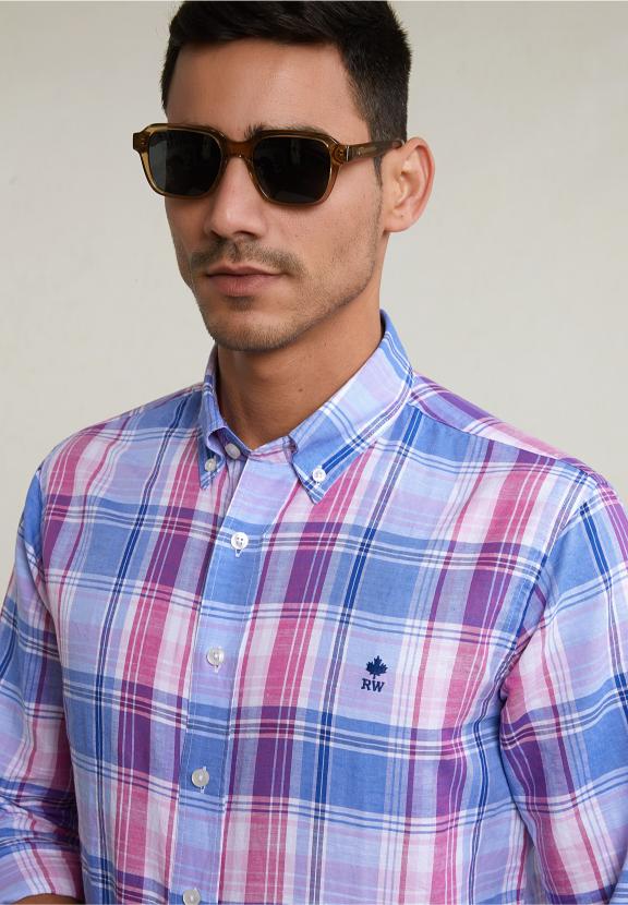 Custom Fit Cotton-Linen Checked Shirt Blue/Pink - Roze