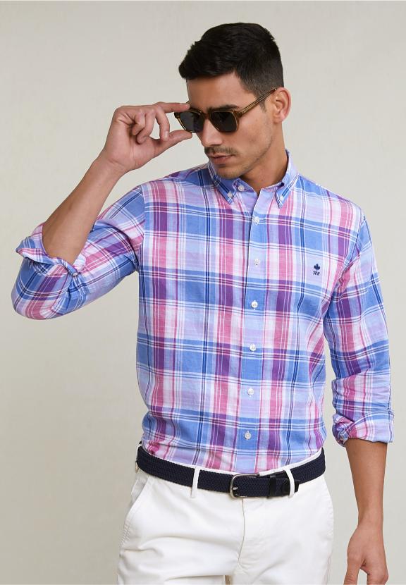 Custom Fit Cotton-Linen Checked Shirt Blue/Pink - Roze