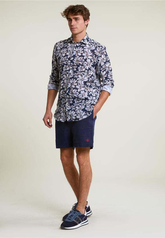 Custom Fit Linen Floral Shirt Brown/Blue - Mix