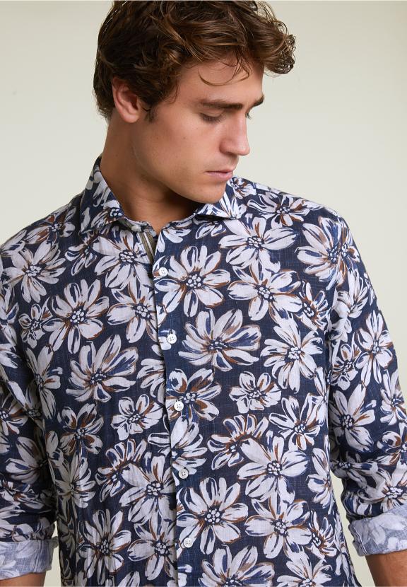 Custom Fit Linen Floral Shirt Brown/Blue - Mix