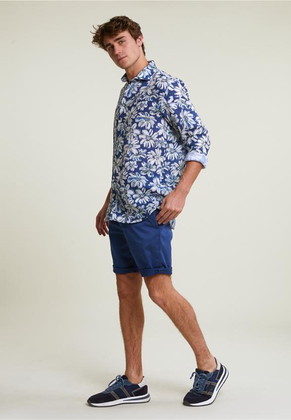 Custom Fit Linen Floral Shirt Blue/Green - Mix