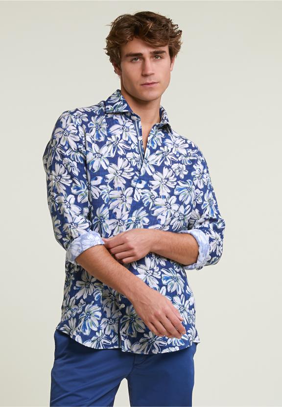 Custom Fit Linen Floral Shirt Blue/Green - Mix