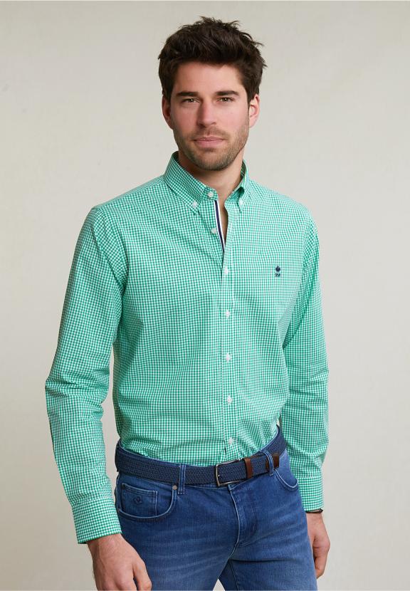 Custom Fit Checked Cotton Shirt Green/White - Vert