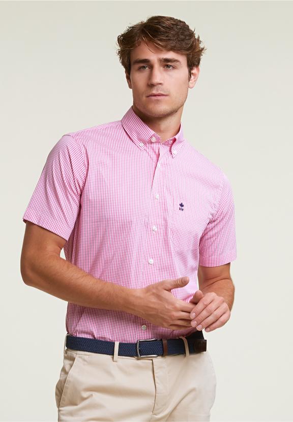 Custom Fit Checked Performance Stretch Shirt Short Sleeves Pink/White - Mix