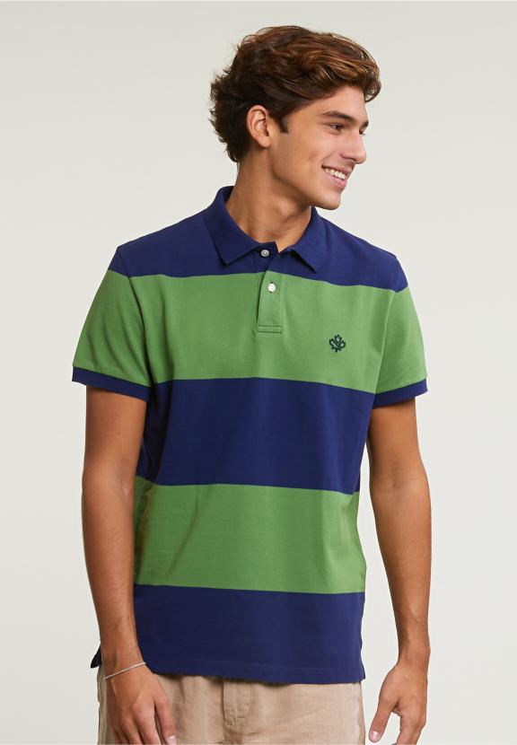 Custom Fit Striped Stretch Polo Royal Blue/Belize Green - Blauw