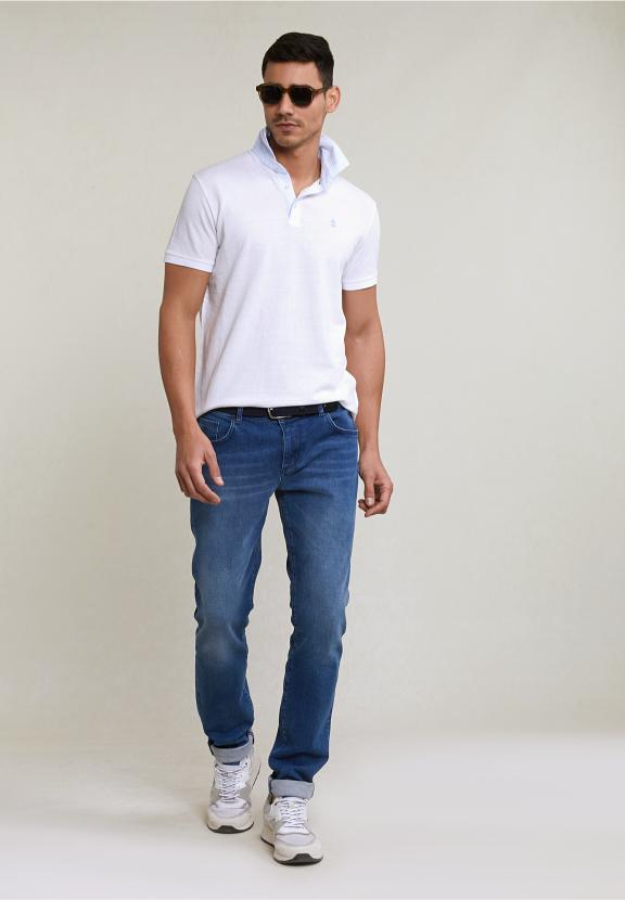 Custom Fit Cotton-Linen Polo White - Blanc