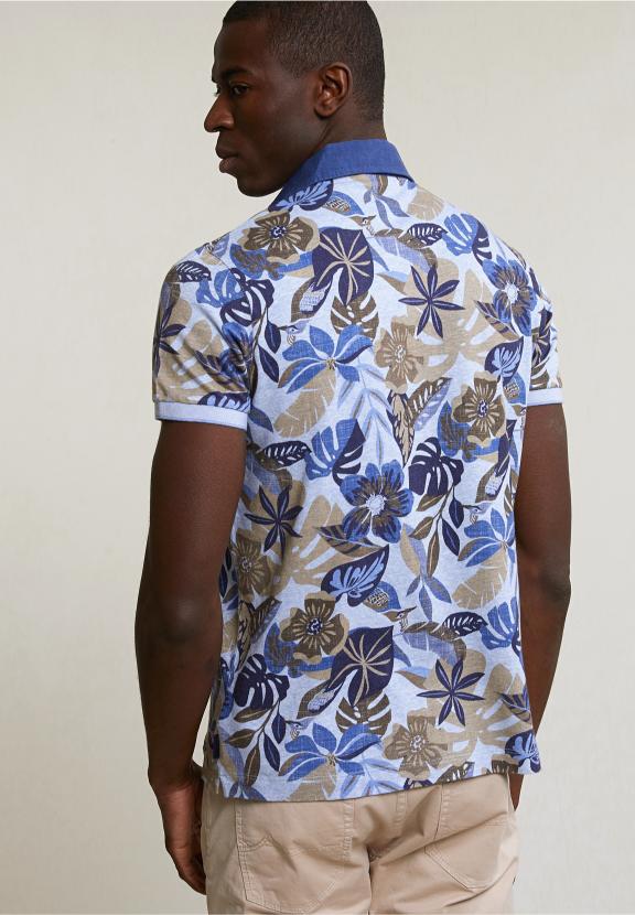 Custom Fit Cotton-Linen Floral Polo Sky Mix - Bleu