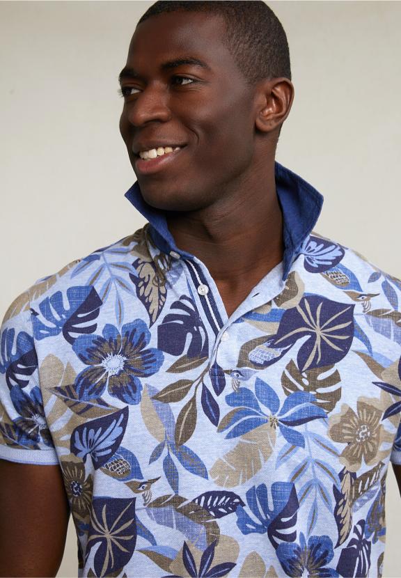 Custom Fit Cotton-Linen Floral Polo Sky Mix - Blauw