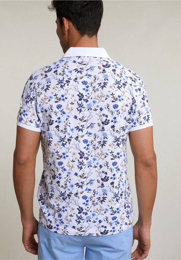 Custom Fit Cotton-Linen Floral Polo White - Wit