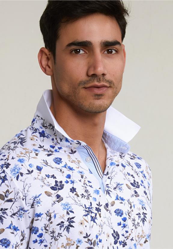 Custom Fit Cotton-Linen Floral Polo White - Wit
