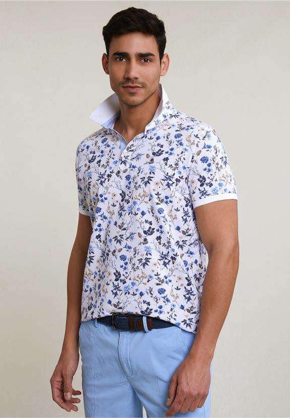 Custom Fit Cotton-Linen Floral Polo White - Wit