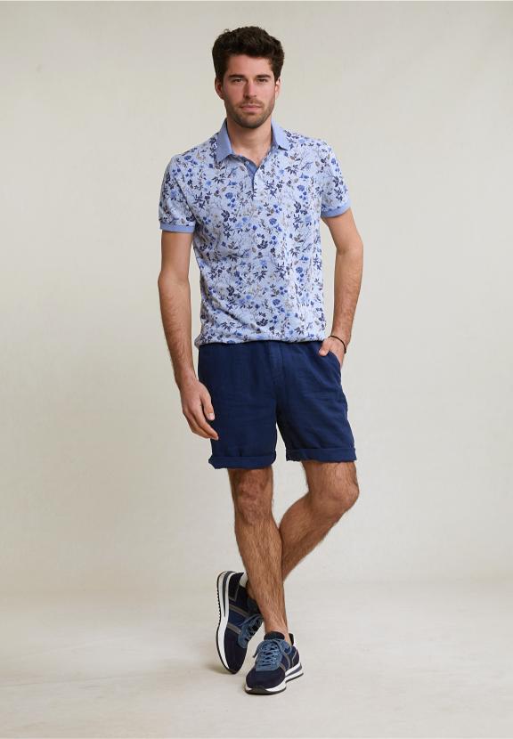 Custom Fit Cotton-Linen Floral Polo Chambray Mix - Bleu