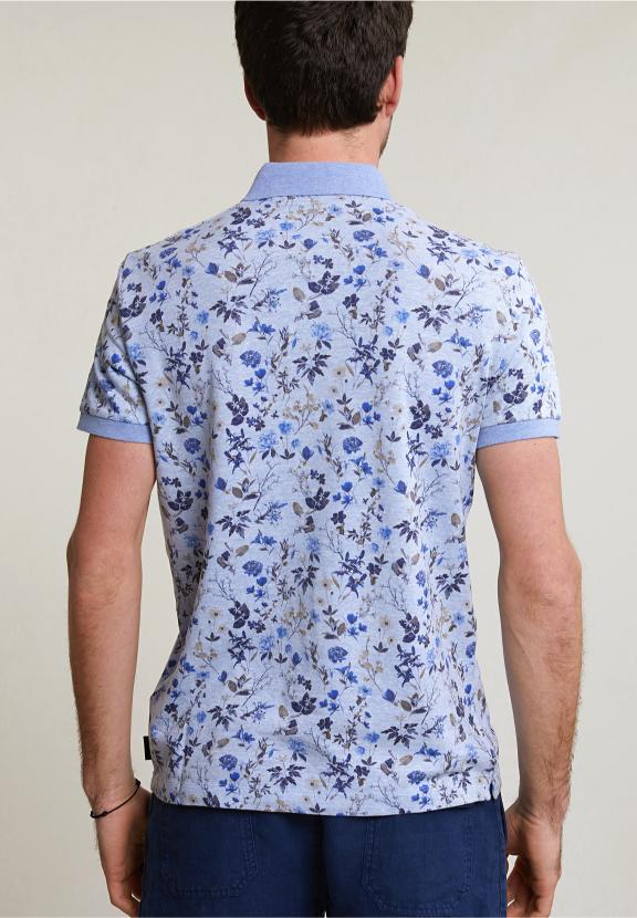 Custom Fit Cotton-Linen Floral Polo Chambray Mix - Bleu
