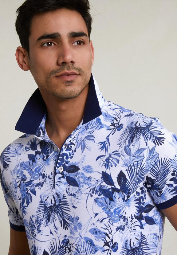 Custom Fit Floral Cotton Polo Off White - Wit