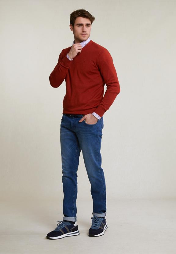 Normal Fit Basic Bamboo-Cotton V-Neck Pullover Negroni Mix - Orange