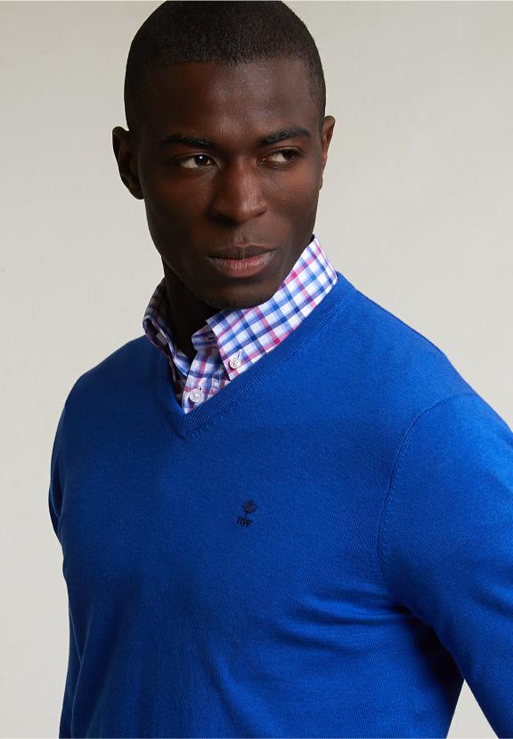 Normal Fit Basic Cotton V-Neck Pullover Evening Blue Mix - Blauw