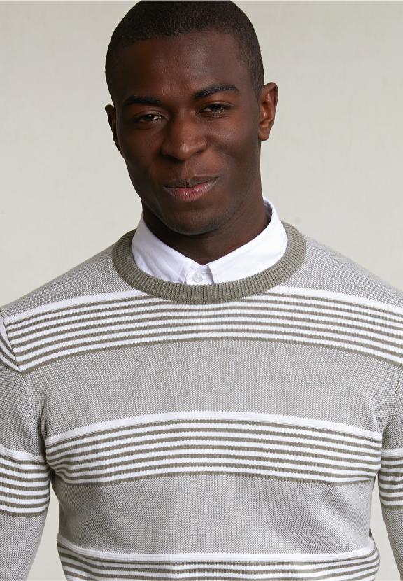 Custom Fit Cotton Striped Crew Neck Pullover Lt Safari Green Mix - Vert