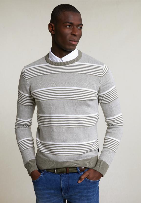 Custom Fit Cotton Striped Crew Neck Pullover Lt Safari Green Mix - Vert