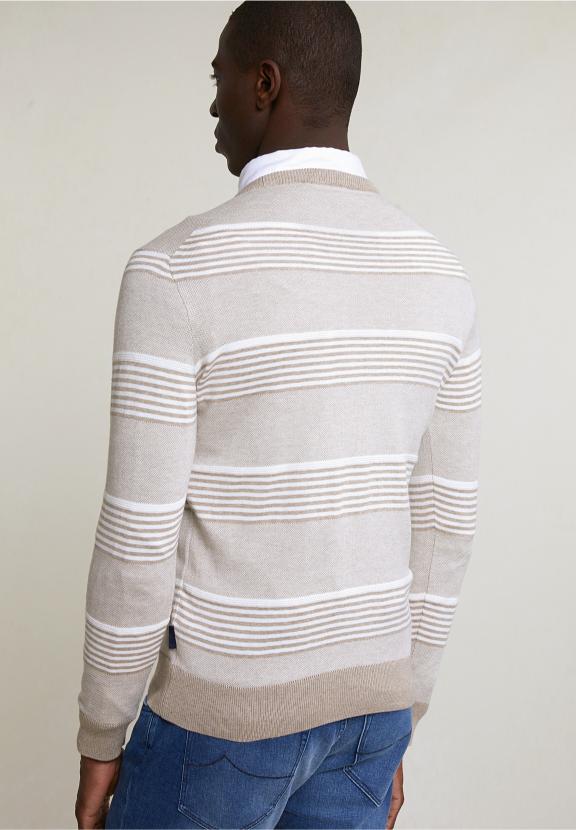 Custom Fit Cotton Striped Crew Neck Pullover Old Wood Mix - Beige