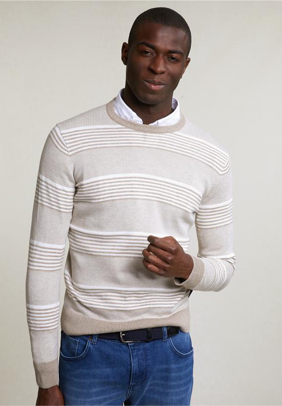 Custom Fit Cotton Striped Crew Neck Pullover Old Wood Mix - Beige
