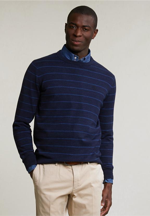 Custom Fit Striped Cotton Crew Neck Sweater Navy Mix - Bleu