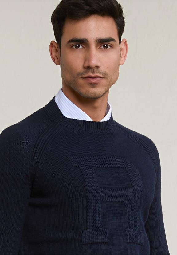 Custom Fit Cotton Crew Neck Sweater Dark Navy - Bleu