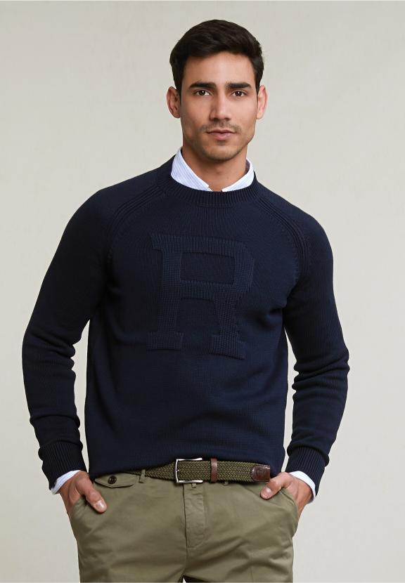 Custom Fit Cotton Crew Neck Sweater Dark Navy - Bleu