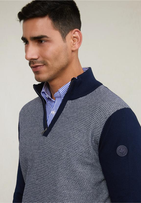 Custom Fit Cotton Mock Neck Sweater Navy - Blauw