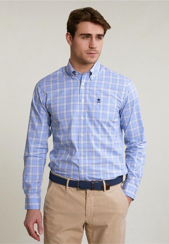 Custom Fit Checked Shirt With Chest Pocket Beige/Blue - Mix