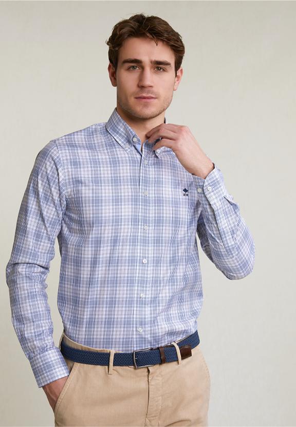 Custom Fit Checked Shirt Blue/Beige - Bleu