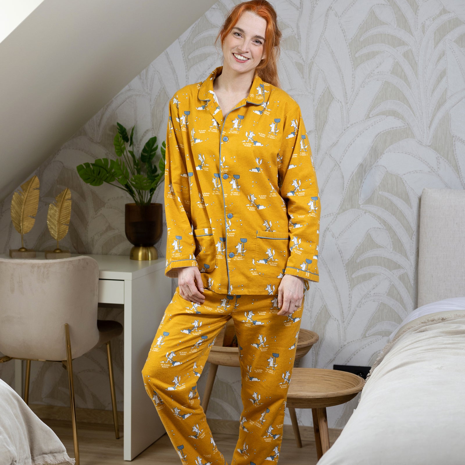 Flanellen pyjama - Dames - Okergeel